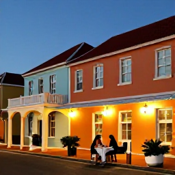 Caribbean Holidays, Aruba in September, Romantic evening in Oranjestad Aruba with a couple dining outdoors among colourful colonial buildings and warm lights