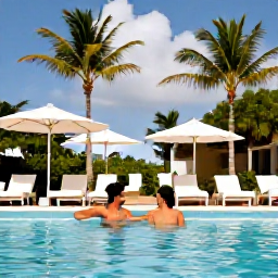 Caribbean Holidays, Aruba in September, Stylish couple enjoying a peaceful Aruba resort pool with palm trees, bright sunshine and a relaxed Caribbean holiday atmosphere