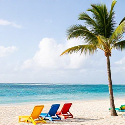Caribbean Holidays, Aruba Instagram Hotspots, A bright February morning at Palm Beach in Aruba, with turquoise sea, white sand, colourful beach loungers and palm trees, travel photography style