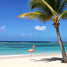 Caribbean Holidays, Aruba Instagram Hotspots, A colourful Aruba beach scene with a flamingo, tropical water and palm trees on a sunny July day