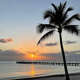 Caribbean Holidays, Aruba Instagram Hotspots, A colourful photograph of Palm Beach in Aruba during golden hour, showing calm sea, palm trees, a wooden jetty and a vibrant sunset sky