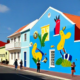 Caribbean Holidays, Aruba Instagram Hotspots, A colourful street scene in San Nicolas, Aruba, featuring large Caribbean murals, sunny pavements, local architecture and visitors photographing the artwork