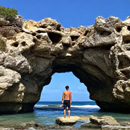 Caribbean Holidays, Aruba Instagram Hotspots, A person standing beside the natural arch and rugged coastline at Arikok National Park in Aruba under a clear blue sky
