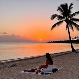 Caribbean Holidays, Aruba Instagram Hotspots, A sunset picnic on a quiet Aruba beach, with orange and pink sky reflected on calm water and silhouettes of palm trees