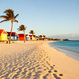 Caribbean Holidays, Aruba Instagram Hotspots, A wide sandy beach in Aruba at golden hour, with turquoise water, palm trees and colourful beach huts