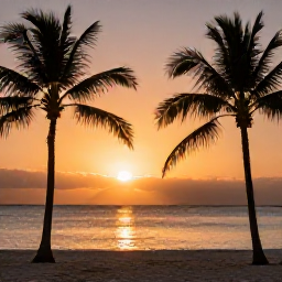Caribbean Holidays, Aruba Instagram Hotspots, Aruba sunset viewed from a beach, with silhouetted palm trees, glowing orange sky and calm Caribbean water
