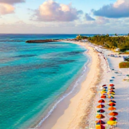 Caribbean Holidays, Aruba Instagram Hotspots, Colourful aerial view of Aruba's Palm Beach coastline at golden hour, turquoise sea, white sand and colourful beach umbrellas