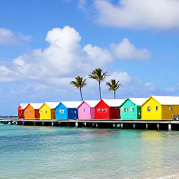 Caribbean Holidays, Aruba Instagram Hotspots, Colourful painted beach huts and palm trees beside calm turquoise water at Mangel Halto, Aruba