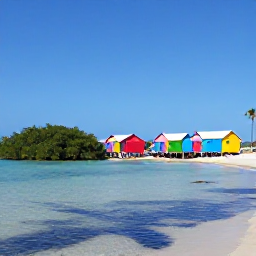 Caribbean Holidays, Aruba Instagram Hotspots, Colourful wooden huts and beach umbrellas at Mangel Halto in Aruba, calm shallow lagoon water and mangrove trees