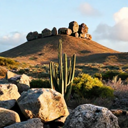 Caribbean Holidays, Aruba Instagram Hotspots, Natural Aruba landscape at Arikok National Park with rugged rocks, cacti, low hills and warm afternoon sunlight