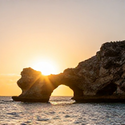 Caribbean Holidays, Aruba Instagram Hotspots, Natural rock arch on Aruba&rsquo;s rugged coastline at sunset, with warm golden light and a calm sea