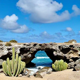 Caribbean Holidays, Aruba Instagram Hotspots, Natural rock bridge and rugged desert coastline in Aruba with waves, cacti and dramatic blue sky
