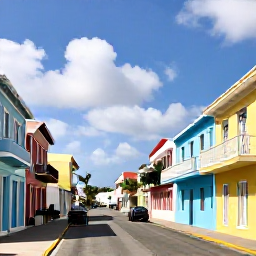 Caribbean Holidays, Aruba Instagram Hotspots, The colourful buildings and historic streets of Oranjestad, Aruba, with pastel facades, palm trees and a sunny blue sky