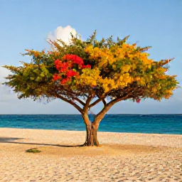 Caribbean Holidays, Aruba Instagram Hotspots, The colourful Divi Divi trees and broad sandy landscape of Eagle Beach in Aruba during golden afternoon light, with turquoise sea in the background