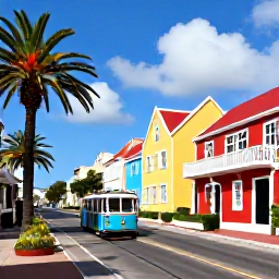 Caribbean Holidays, Aruba Instagram Hotspots, The colourful Dutch colonial streets of Oranjestad, Aruba, with bright buildings, a tram and palm-lined pavements