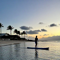 Caribbean Holidays, Aruba Instagram Spots, A calm November evening at Palm Beach in Aruba, with paddleboards on the water, palm trees and a colourful sunset