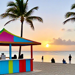 Caribbean Holidays, Aruba Instagram Spots, A colourful late afternoon scene at Palm Beach in Aruba, with bright beach bars, palm trees, calm sea and travellers watching a golden sunset