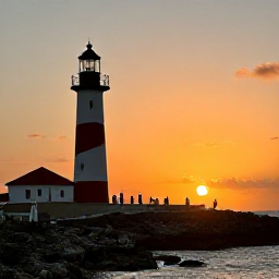 Caribbean Holidays, Aruba Instagram Spots, A dramatic sunset at California Lighthouse in Aruba, with rocky coastline, warm orange sky and visitors enjoying the panoramic view