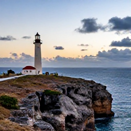 Caribbean Holidays, Aruba Instagram Spots, A dramatic view of the California Lighthouse on Aruba's northern coast, with rugged landscape, blue sea and a November sunset