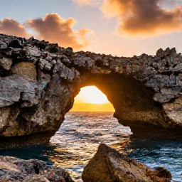Caribbean Holidays, Aruba Instagram Spots, A natural Aruba scene at sunset with the Natural Bridge area, rugged rocks, warm golden light and the Atlantic Ocean beyond