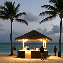 Caribbean Holidays, Aruba Instagram Spots, A relaxed January evening at Palm Beach in Aruba, with glowing beach bars, palm trees, calm sea and travellers taking photographs