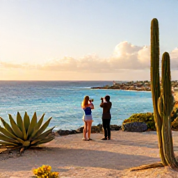 Caribbean Holidays, Aruba Instagram Spots, Aruba coastline viewed from a scenic lookout at golden hour, turquoise sea, desert plants and a couple taking photographs