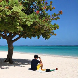 Caribbean Holidays, Aruba Instagram Spots, Bright Caribbean beach scene at Eagle Beach in Aruba during August, with white sand, turquoise sea, shady divi-divi trees and a relaxed traveller taking photographs