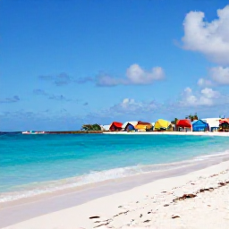 Caribbean Holidays, Aruba Instagram Spots, Bright turquoise water, white sand and colourful beach huts at Eagle Beach in Aruba during sunny June weather