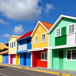 Caribbean Holidays, Aruba Instagram Spots, Colourful Dutch Caribbean houses and lively murals along a sunny street in Oranjestad, Aruba