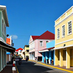 Caribbean Holidays, Aruba Instagram Spots, Colourful street scene in Oranjestad, Aruba, showing pastel colonial buildings, shops and bright Caribbean sunlight
