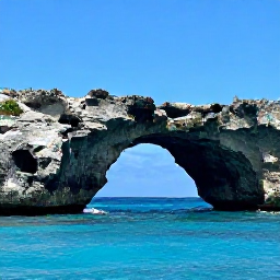 Caribbean Holidays, Aruba Instagram Spots, Dramatic natural bridge and rugged rocky coastline in Arikok National Park, Aruba, with bright blue sea and a clear sky