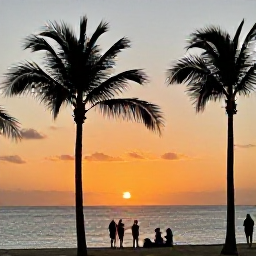 Caribbean Holidays, Aruba Instagram Spots, Golden sunset at Palm Beach in Aruba, with calm sea, silhouettes of palm trees and travellers watching the sky change colour