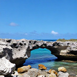 Caribbean Holidays, Aruba Instagram Spots, Natural rock bridge and rugged coastline at Arikok National Park in Aruba under a clear blue sky