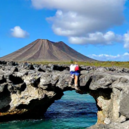 Caribbean Holidays, Aruba Instagram Spots, Natural rock bridge and rugged coastline at Arikok National Park in Aruba, with dramatic volcanic landscape, blue sky and a visitor exploring carefully