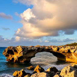 Caribbean Holidays, Aruba Instagram Spots, Natural rock bridge and rugged coastline in Arikok National Park Aruba, dramatic blue sky and golden January light
