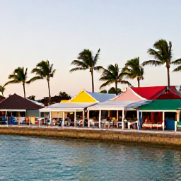Caribbean Holidays, Aruba Instagram Spots, Palm-lined beach promenade in Palm Beach, Aruba, with colourful caf&eacute;s, calm turquoise water and visitors enjoying an October evening