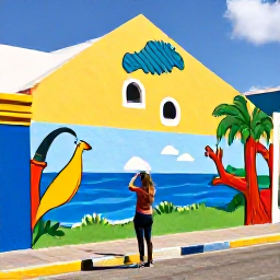 Caribbean Holidays, Aruba Instagram Spots, Traveller photographing a colourful mural and local street art in San Nicolas Aruba, bright Caribbean daylight