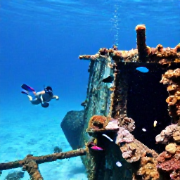 Caribbean Holidays, Aruba Instagram Spots, Vibrant underwater scene at the Antilla shipwreck near Aruba, with clear blue water, tropical fish and a snorkeller exploring the wreck