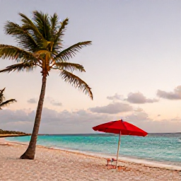Caribbean Holidays, Aruba Instagram Spots, White sand beach, turquoise water, palm trees and a lone red parasol at Eagle Beach, Aruba, photographed at sunset