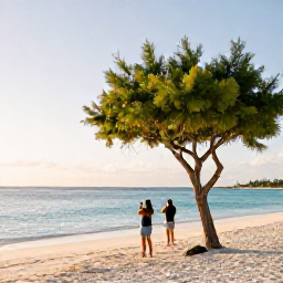 Caribbean Holidays, Aruba Instagram Spots, White sandy Eagle Beach in Aruba at sunrise, calm turquoise water, distinctive fofoti trees, travellers taking photographs