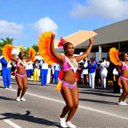 Caribbean Holidays, Aruba January, Colourful Aruba Carnival parade in Oranjestad with dancers, musicians and local spectators in bright sunshine