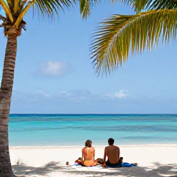 Caribbean Holidays, Aruba January Holidays, Adults-only couple relaxing on a quiet white-sand beach in Aruba beneath palm trees, bright blue Caribbean sea