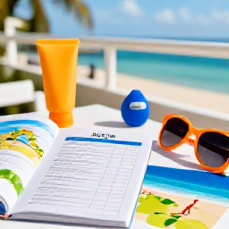 Caribbean Holidays, Aruba January Holidays, Aruba holiday planning scene with sun cream, travel guide, sunglasses and beach map on a hotel balcony