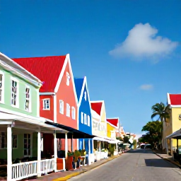 Caribbean Holidays, Aruba January Holidays, Colourful Oranjestad street in Aruba with Dutch colonial buildings, sunny sky and outdoor caf&eacute; tables