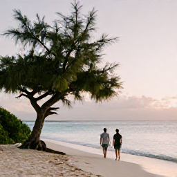 Caribbean Holidays, Aruba January Holidays, Couple walking barefoot along Eagle Beach in Aruba at sunrise, calm turquoise water and distinctive fofoti trees