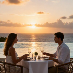 Caribbean Holidays, Aruba January Holidays, Elegant adults-only resort pool in Aruba at sunset, couples dining outdoors with warm golden lighting