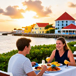 Caribbean Holidays, Aruba January Holidays, Friendly solo traveller dining outdoors in Aruba at sunset, local seafood and colourful Caribbean surroundings