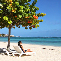 Caribbean Holidays, Aruba January Holidays, Relaxed solo traveller beside a beach lounger at Eagle Beach, Aruba, with fofoti trees and calm Caribbean water