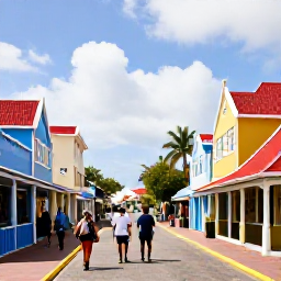 Caribbean Holidays, Aruba January, Relaxed visitors walking through colourful Oranjestad streets with Dutch colonial buildings, palm trees and local shops