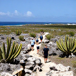 Caribbean Holidays, Aruba January, Visitors exploring rugged Arikok National Park landscape with cacti, rocky paths and views towards the Caribbean Sea
